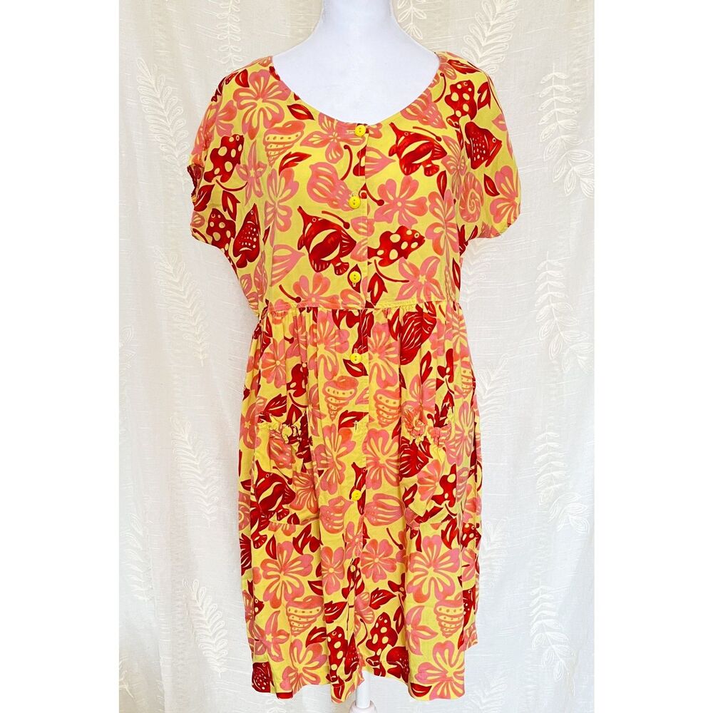 Vintage 90s Button Front Tropical Baby Doll Dress
